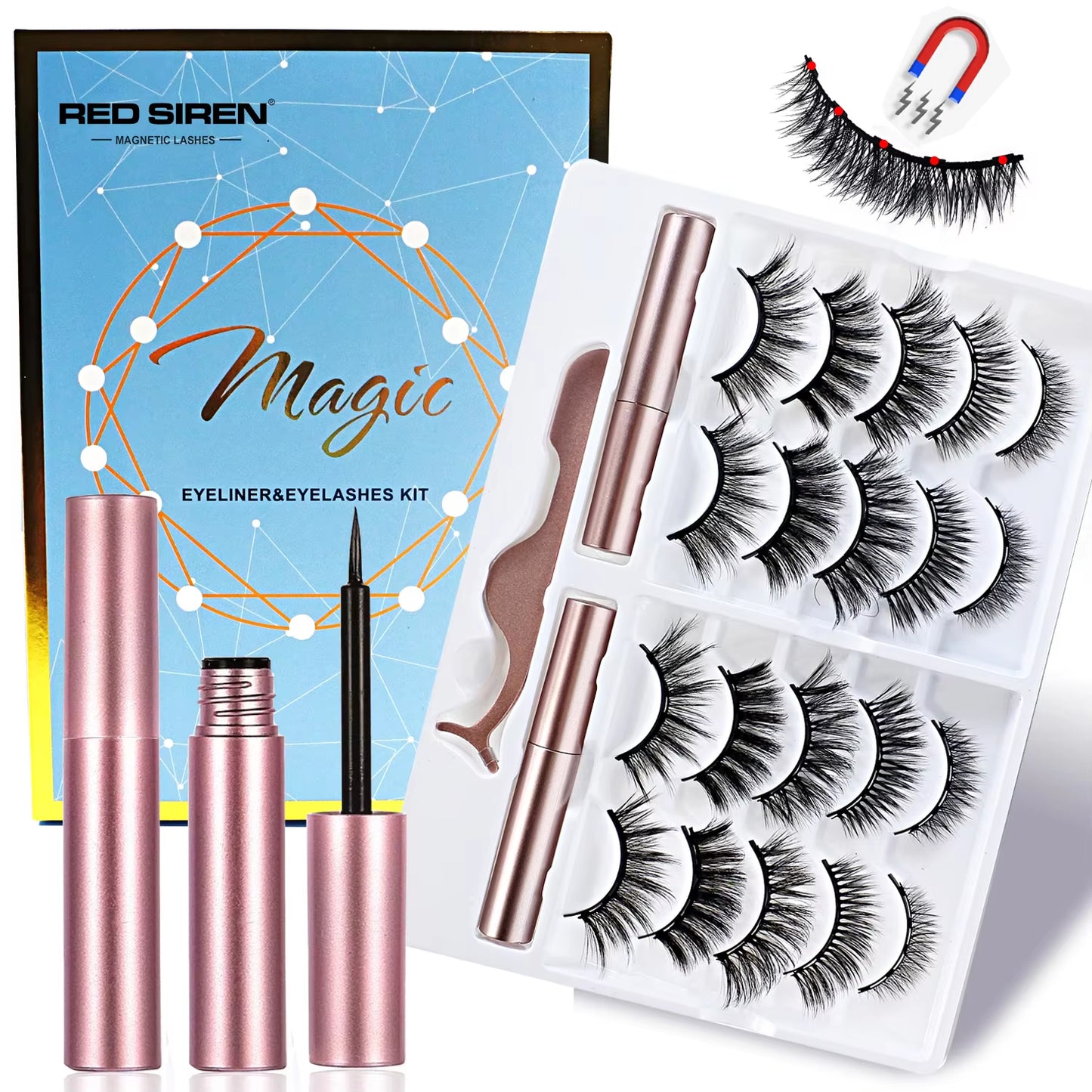 Magnetic Lashes Kit with Applicator Reusable 5 Magnets False Eyelashes Makeup Natual Effect Magnetic Eyelashes with Eyeliner