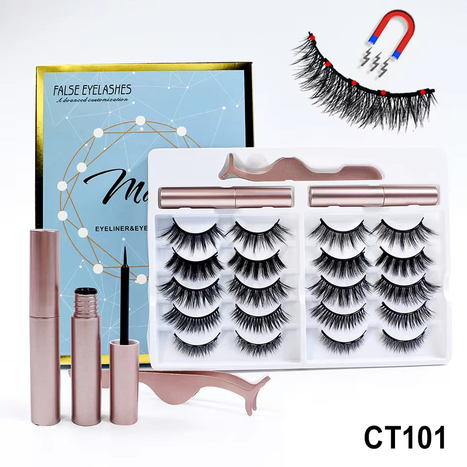 Magnetic Lashes Kit with Applicator Reusable 5 Magnets False Eyelashes Makeup Natual Effect Magnetic Eyelashes with Eyeliner